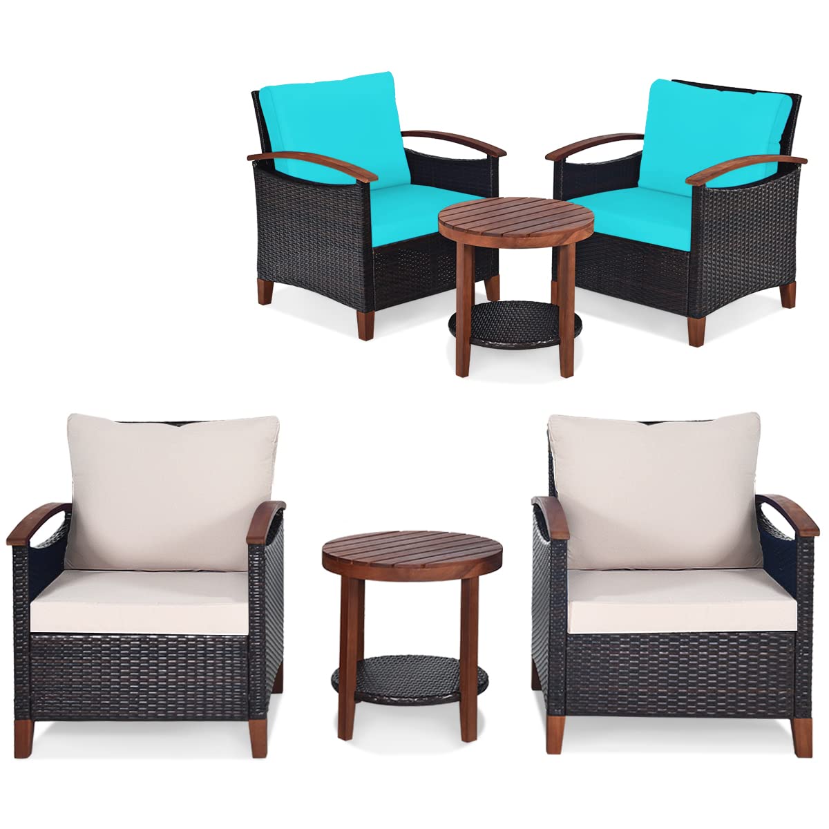 Ensemble de meubles de patio en rotin Tangkula 3 pièces, ensemble de canapés d'extérieur en osier avec coussin lavable et plateau de table en bois d'acacia